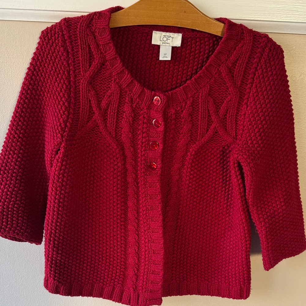 Ann Taylor Loft Deep Red Knit Four Button-Front Cardigan
